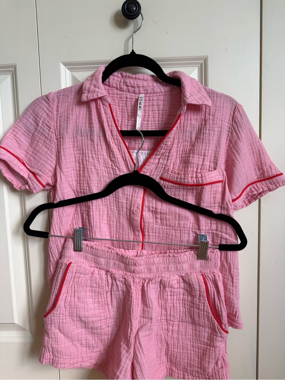 Soma Pink Two-Piece Cotton Gauze Pajama Set with Red Trim